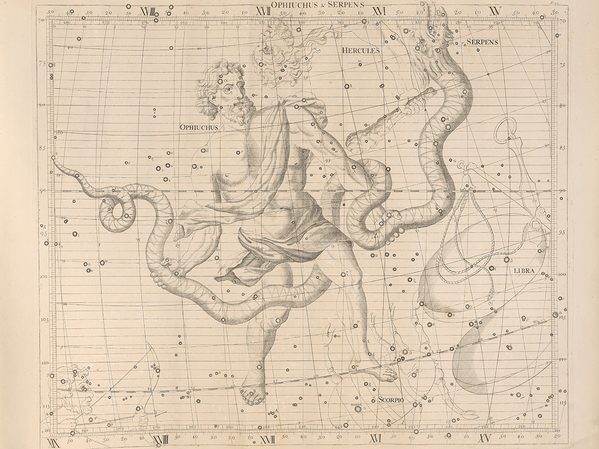 Ophiuchus constellation plate from John Flamsteed's Atlas Coelestis, 1729